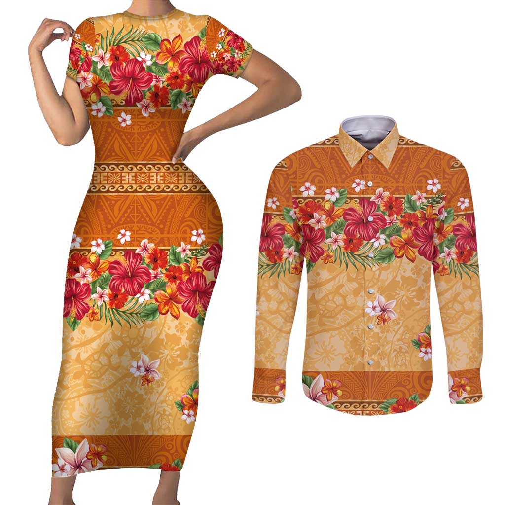Hawaii Hibiscus Couples Matching Short Sleeve Bodycon Dress and Long Sleeve Button Shirt Turtles and Tribal Motifs Vintage Floral Style