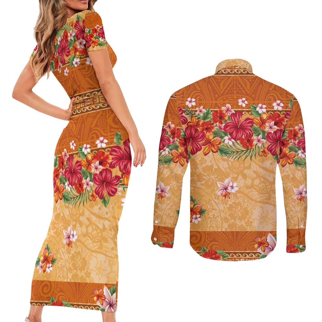 Hawaii Hibiscus Couples Matching Short Sleeve Bodycon Dress and Long Sleeve Button Shirt Turtles and Tribal Motifs Vintage Floral Style LT03 - Polynesian Pride