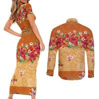 Hawaii Hibiscus Couples Matching Short Sleeve Bodycon Dress and Long Sleeve Button Shirt Turtles and Tribal Motifs Vintage Floral Style LT03 - Polynesian Pride