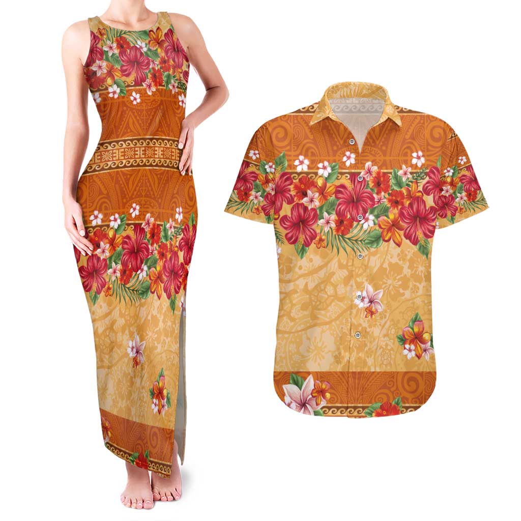 Hawaii Hibiscus Couples Matching Tank Maxi Dress and Hawaiian Shirt Turtles and Tribal Motifs Vintage Floral Style