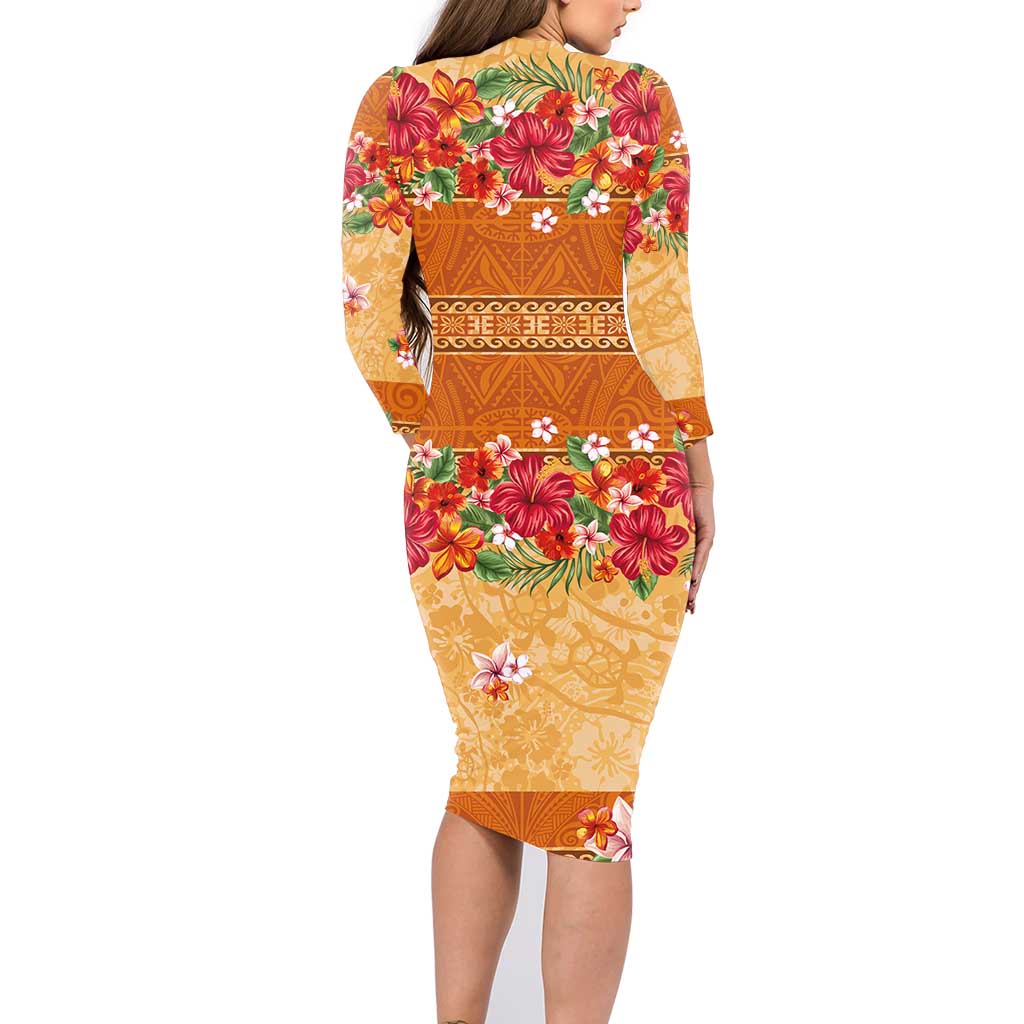 Hawaii Hibiscus Family Matching Long Sleeve Bodycon Dress and Hawaiian Shirt Turtles and Tribal Motifs Vintage Floral Style