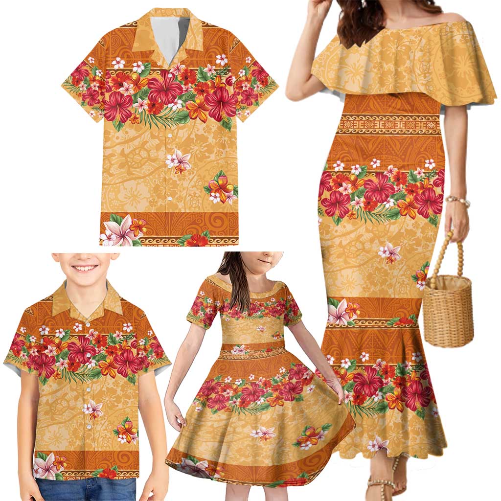 Hawaii Hibiscus Family Matching Mermaid Dress and Hawaiian Shirt Turtles and Tribal Motifs Vintage Floral Style