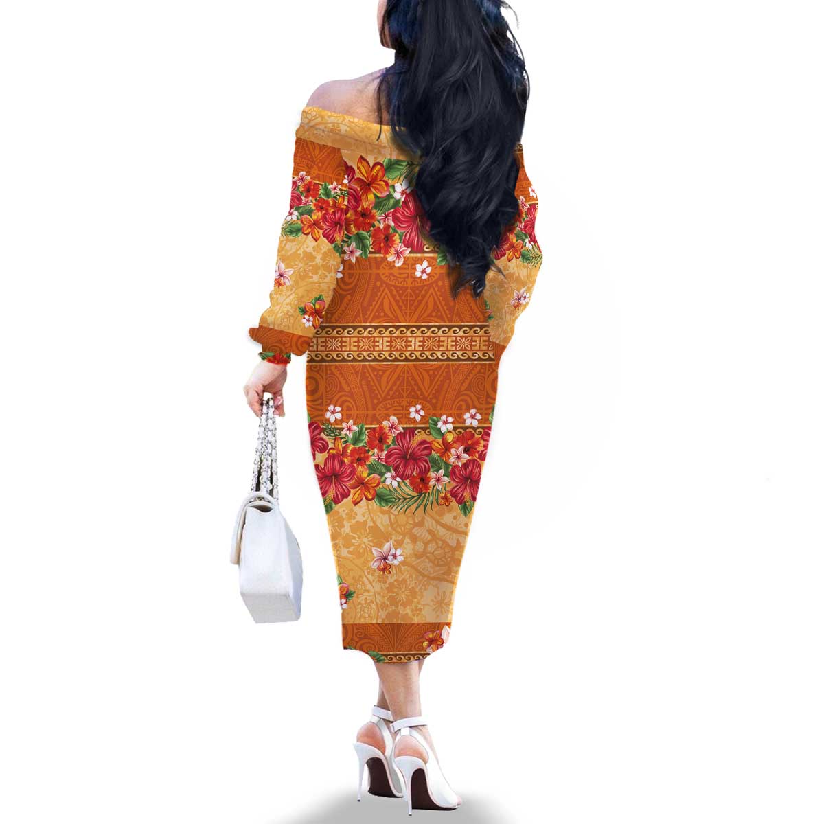 Hawaii Hibiscus Family Matching Off The Shoulder Long Sleeve Dress and Hawaiian Shirt Turtles and Tribal Motifs Vintage Floral Style