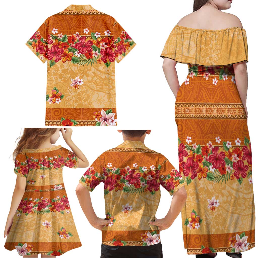 Hawaii Hibiscus Family Matching Off Shoulder Maxi Dress and Hawaiian Shirt Turtles and Tribal Motifs Vintage Floral Style