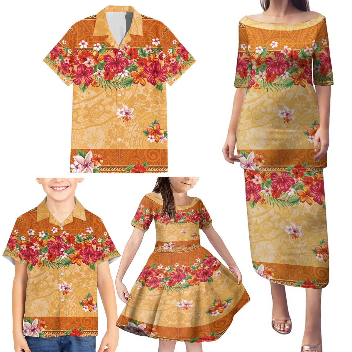 Hawaii Hibiscus Family Matching Puletasi and Hawaiian Shirt Turtles and Tribal Motifs Vintage Floral Style LT03 - Polynesian Pride