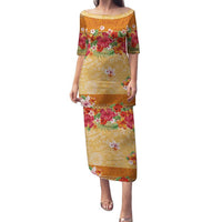 Hawaii Hibiscus Family Matching Puletasi and Hawaiian Shirt Turtles and Tribal Motifs Vintage Floral Style LT03 Mom's Dress Yellow - Polynesian Pride