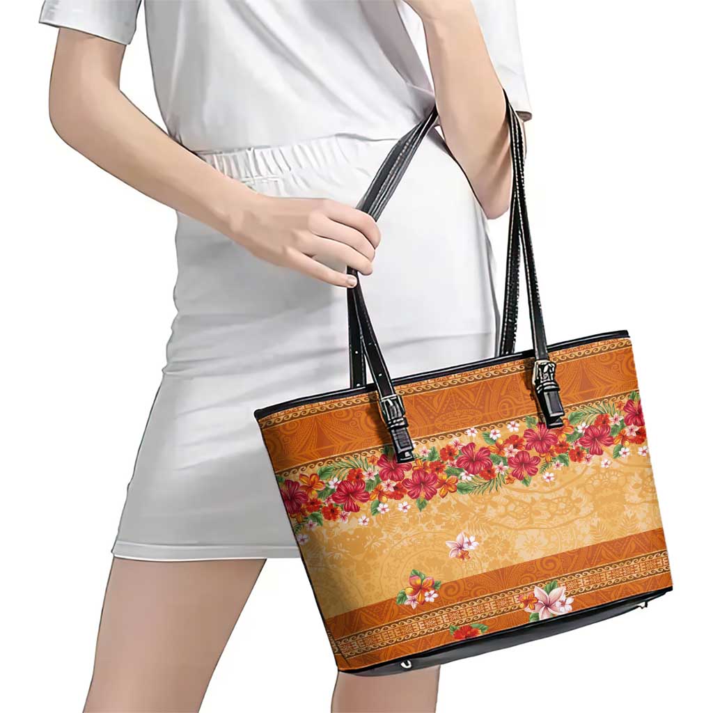 Hawaii Hibiscus Leather Tote Bag Turtles and Tribal Motifs Vintage Floral Style LT03 - Polynesian Pride