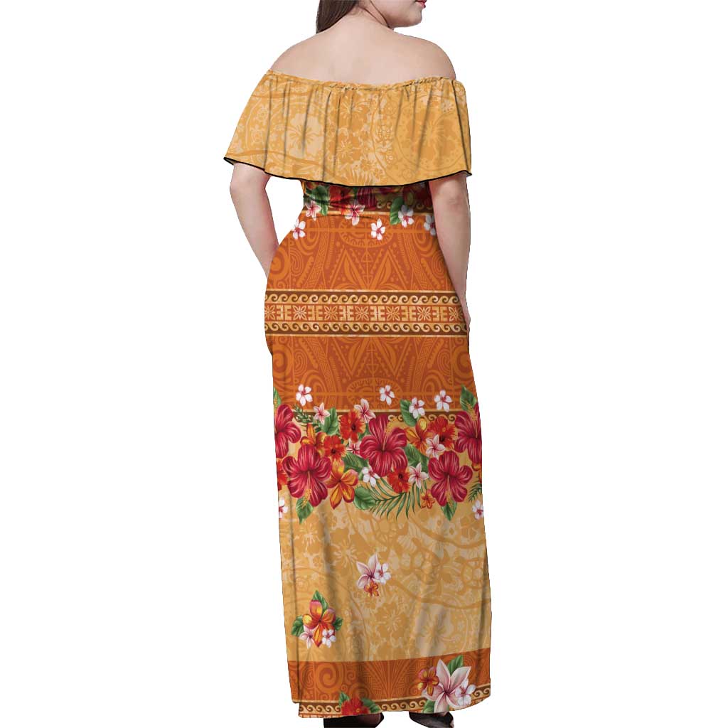 Hawaii Hibiscus Off Shoulder Maxi Dress Turtles and Tribal Motifs Vintage Floral Style