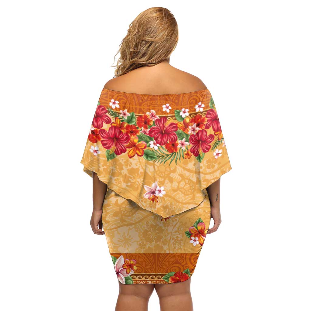 Hawaii Hibiscus Off Shoulder Short Dress Turtles and Tribal Motifs Vintage Floral Style