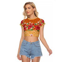 Hawaii Hibiscus Raglan Cropped T Shirt Turtles and Tribal Motifs Vintage Floral Style LT03 Female Yellow - Polynesian Pride
