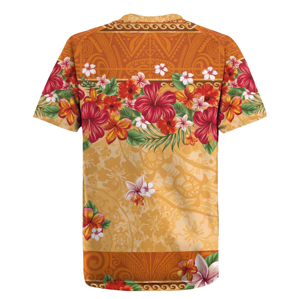 Hawaii Hibiscus Rugby Jersey Turtles and Tribal Motifs Vintage Floral Style