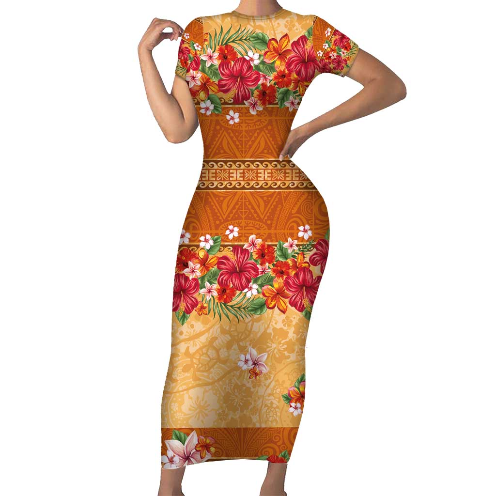 Hawaii Hibiscus Short Sleeve Bodycon Dress Turtles and Tribal Motifs Vintage Floral Style