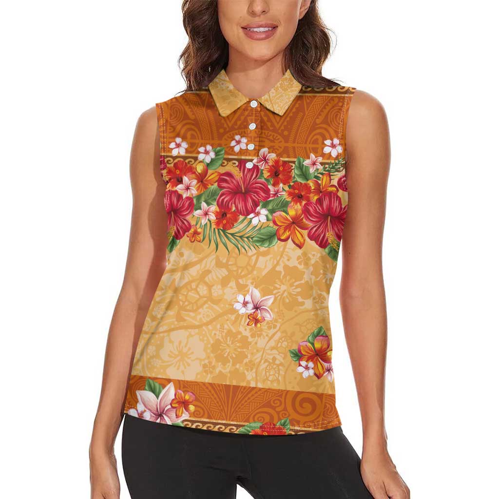 Hawaii Hibiscus Women Sleeveless Polo Shirt Turtles and Tribal Motifs Vintage Floral Style LT03 - Polynesian Pride