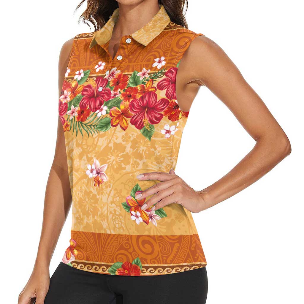 Hawaii Hibiscus Women Sleeveless Polo Shirt Turtles and Tribal Motifs Vintage Floral Style LT03 - Polynesian Pride