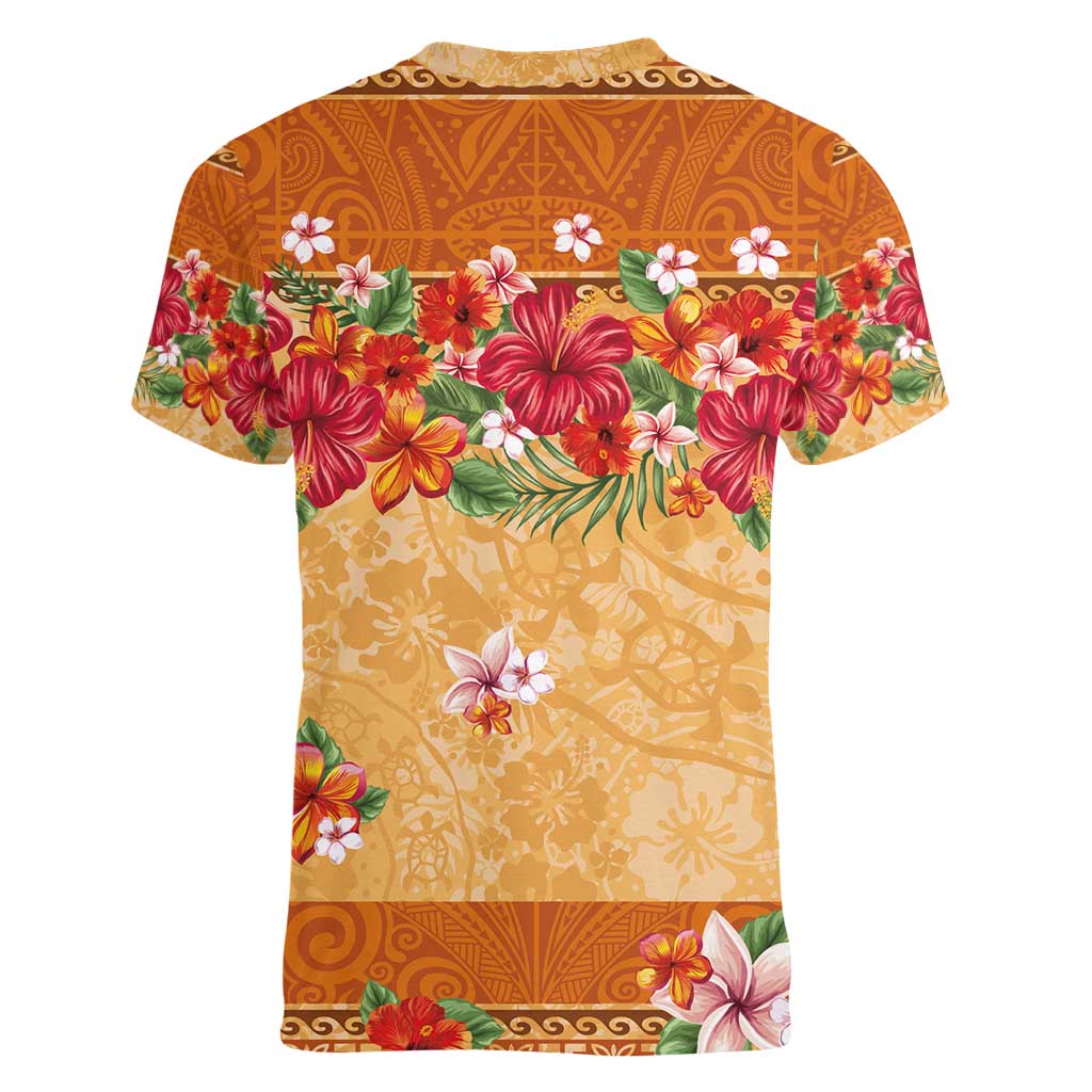 Hawaii Hibiscus Women V-Neck T-Shirt Turtles and Tribal Motifs Vintage Floral Style LT03 - Polynesian Pride