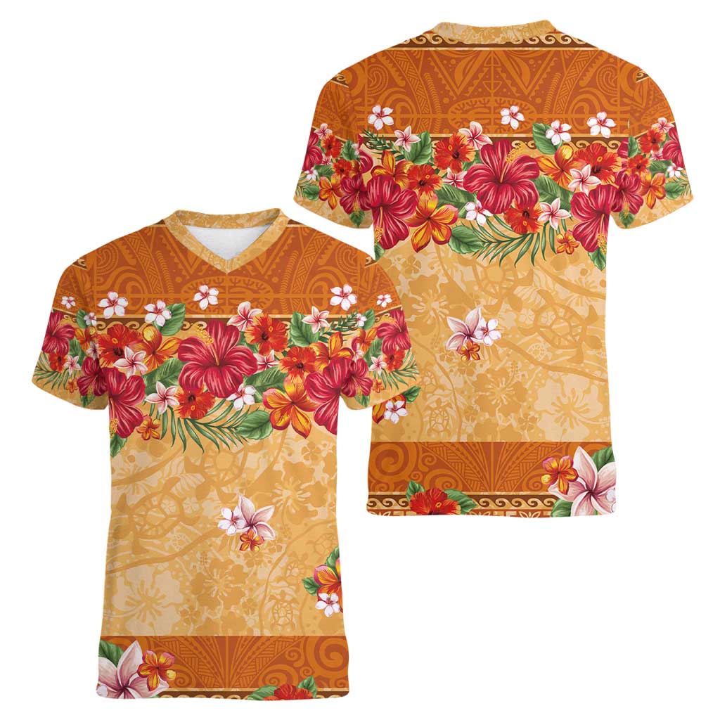 Hawaii Hibiscus Women V-Neck T-Shirt Turtles and Tribal Motifs Vintage Floral Style LT03 - Polynesian Pride