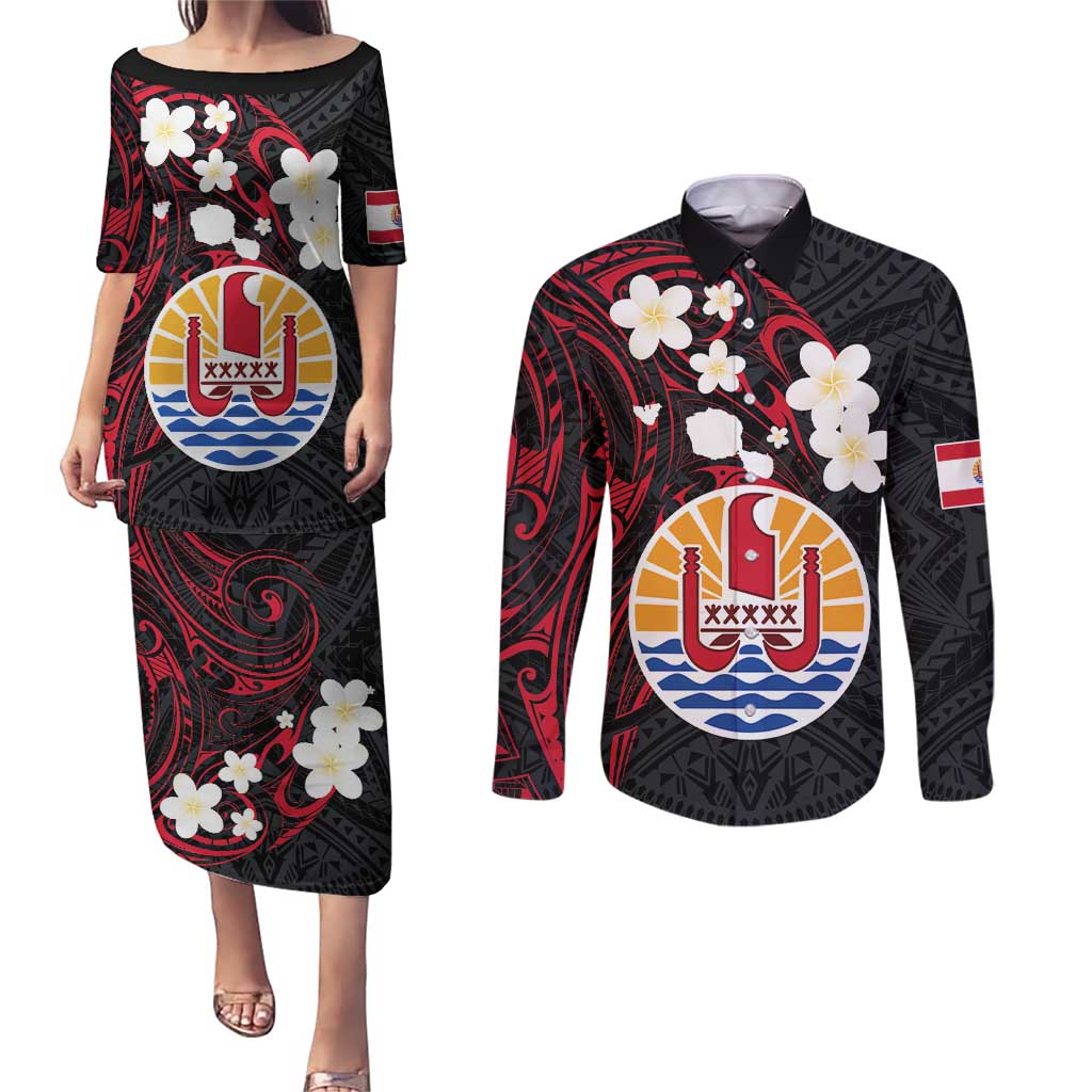 French Polynesia Tiare Day Couples Matching Puletasi and Long Sleeve Button Shirt Seal and Polynesian Pattern LT03 Black - Polynesian Pride