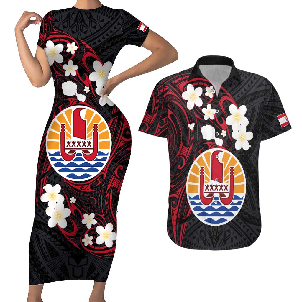 French Polynesia Tiare Day Couples Matching Short Sleeve Bodycon Dress and Hawaiian Shirt Seal and Polynesian Pattern