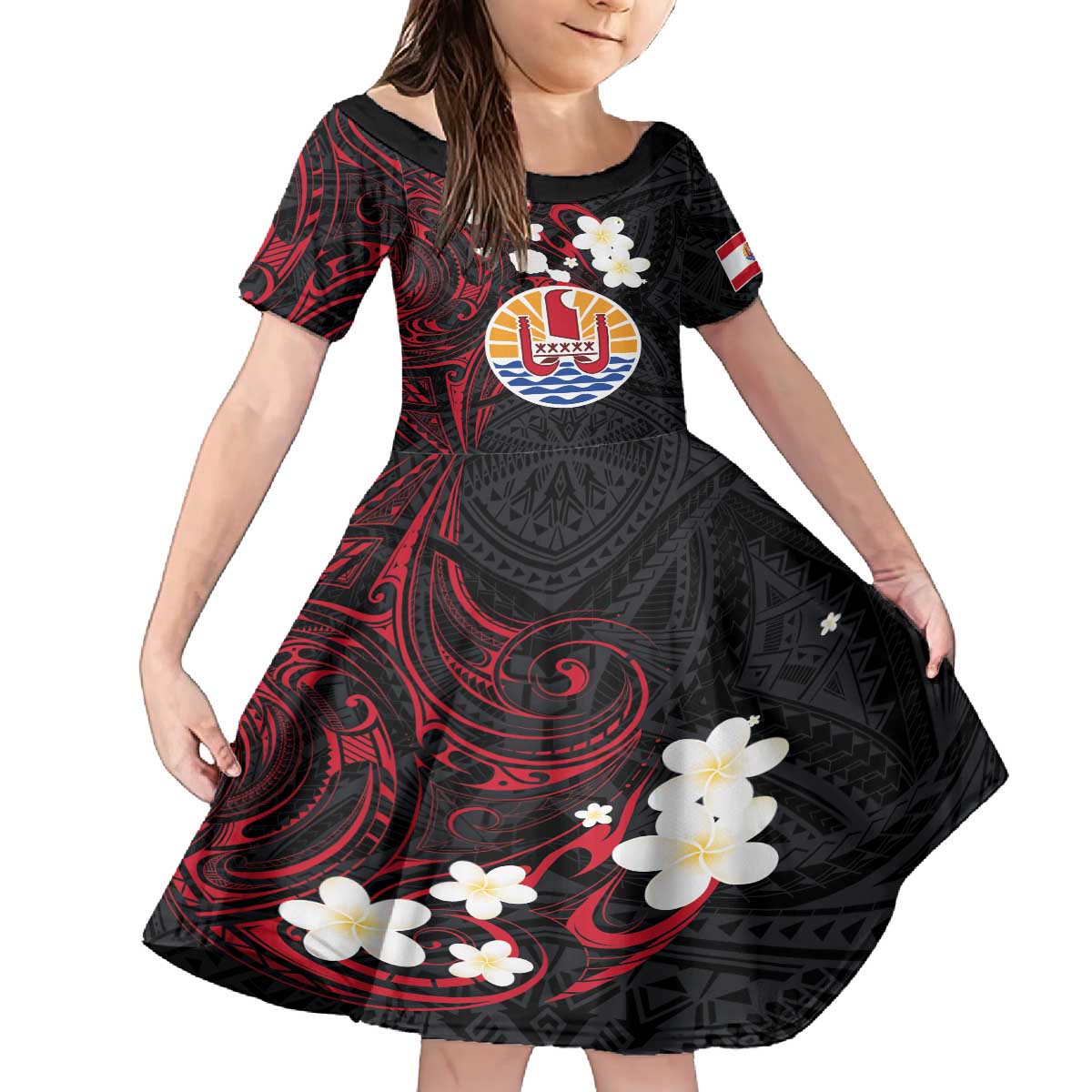 French Polynesia Tiare Day Family Matching Off The Shoulder Long Sleeve Dress and Hawaiian Shirt Seal and Polynesian Pattern LT03 Daughter's Dress Black - Polynesian Pride