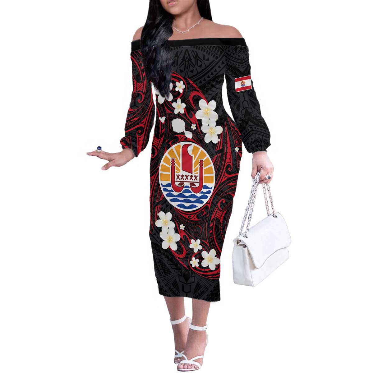 French Polynesia Tiare Day Family Matching Off The Shoulder Long Sleeve Dress and Hawaiian Shirt Seal and Polynesian Pattern LT03 Mom's Dress Black - Polynesian Pride