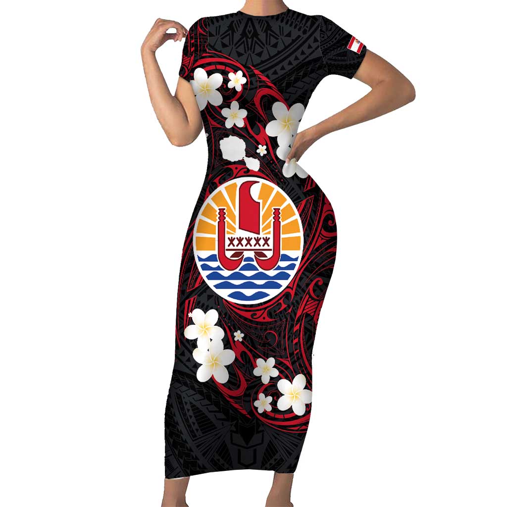 French Polynesia Tiare Day Family Matching Short Sleeve Bodycon Dress and Hawaiian Shirt Seal and Polynesian Pattern LT03 Mom's Dress Black - Polynesian Pride