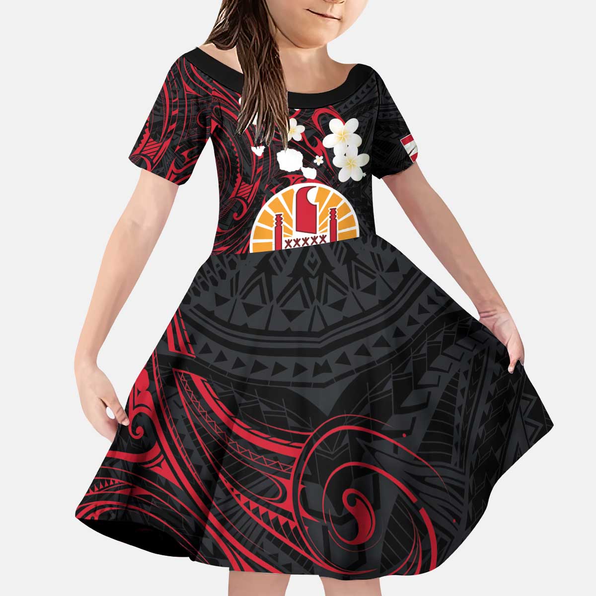 French Polynesia Tiare Day Kid Short Sleeve Dress Seal and Polynesian Pattern LT03 KID Black - Polynesian Pride