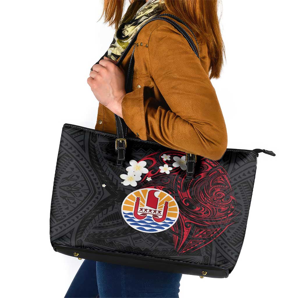 French Polynesia Tiare Day Leather Tote Bag Seal and Polynesian Pattern LT03 Black - Polynesian Pride