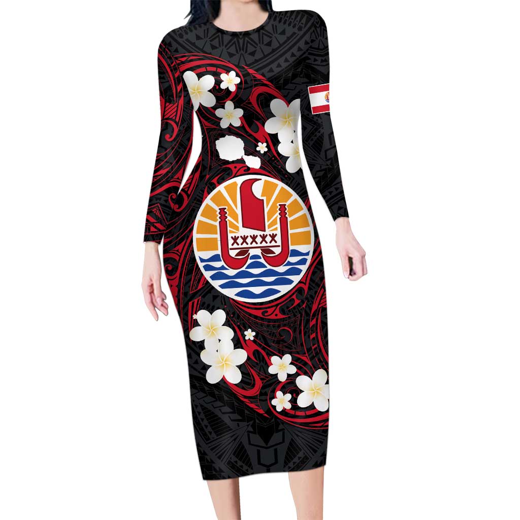 French Polynesia Tiare Day Long Sleeve Bodycon Dress Seal and Polynesian Pattern LT03 Long Dress Black - Polynesian Pride