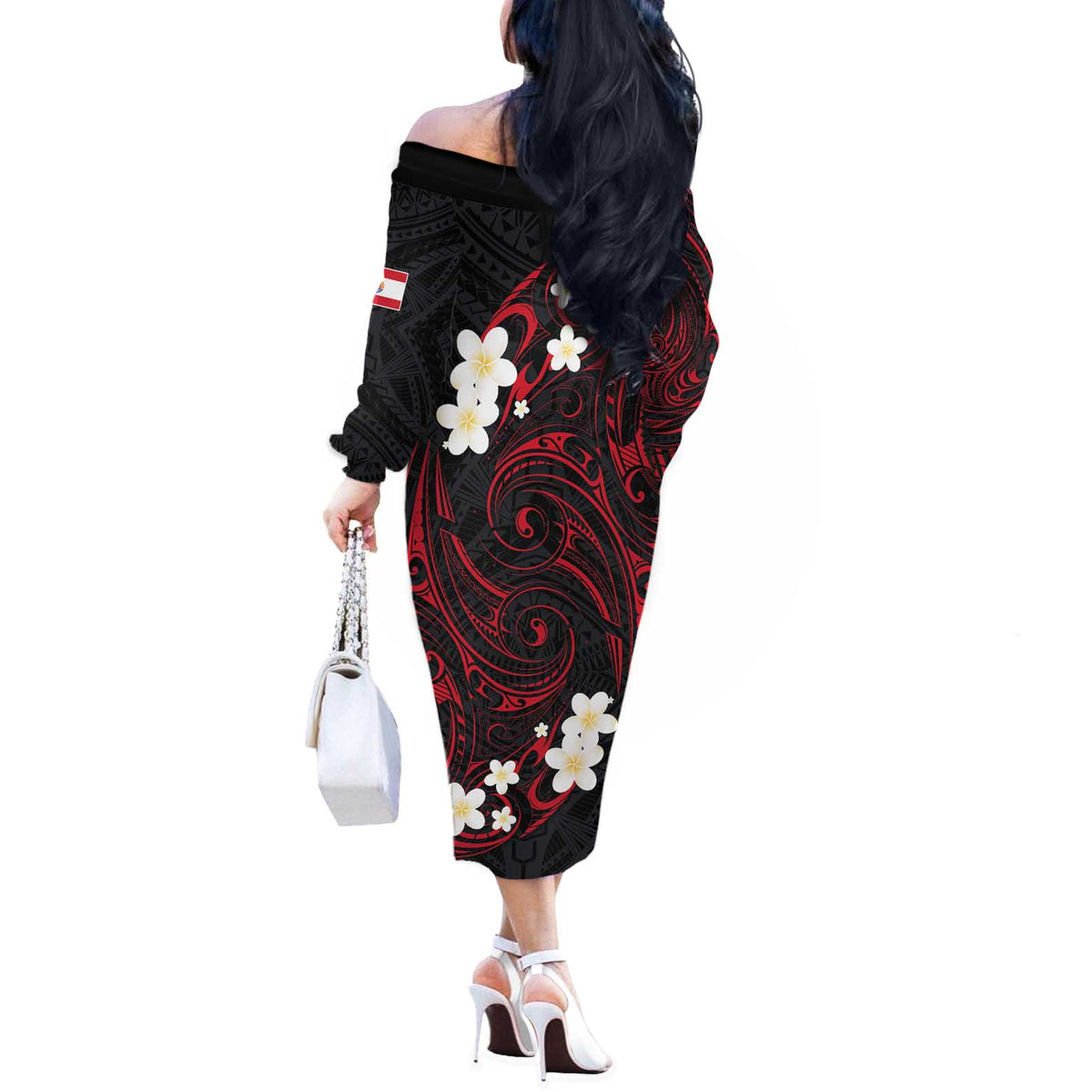 French Polynesia Tiare Day Off The Shoulder Long Sleeve Dress Seal and Polynesian Pattern