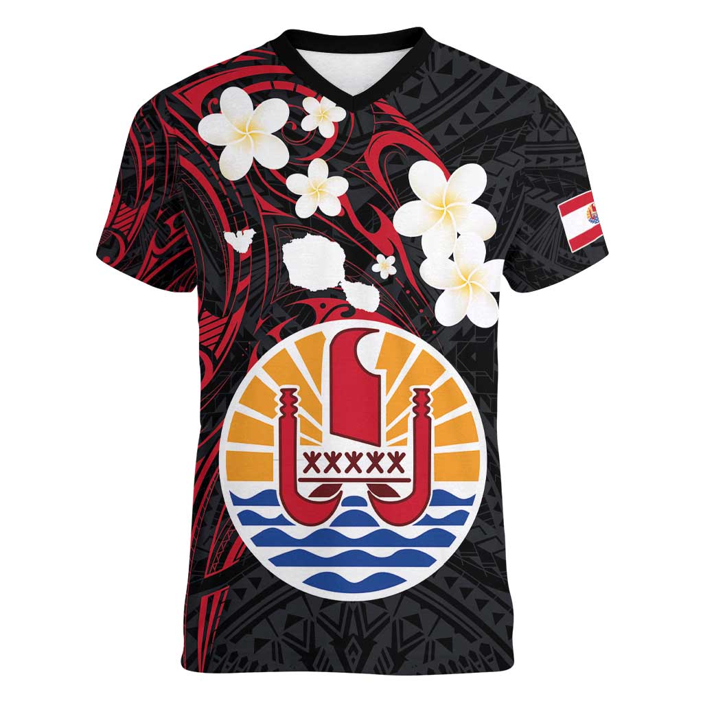 French Polynesia Tiare Day Women V-Neck T-Shirt Seal and Polynesian Pattern LT03 Female Black - Polynesian Pride