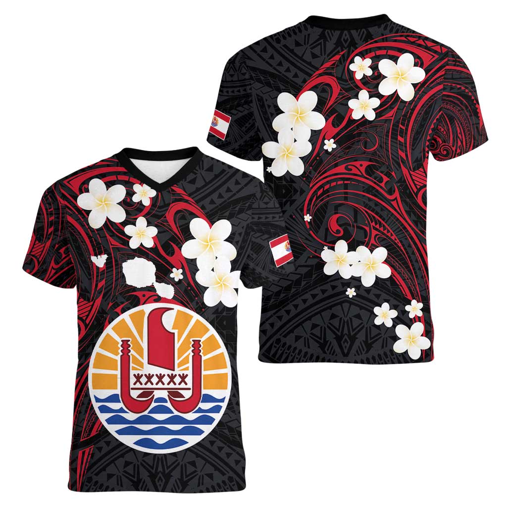 French Polynesia Tiare Day Women V-Neck T-Shirt Seal and Polynesian Pattern LT03 - Polynesian Pride
