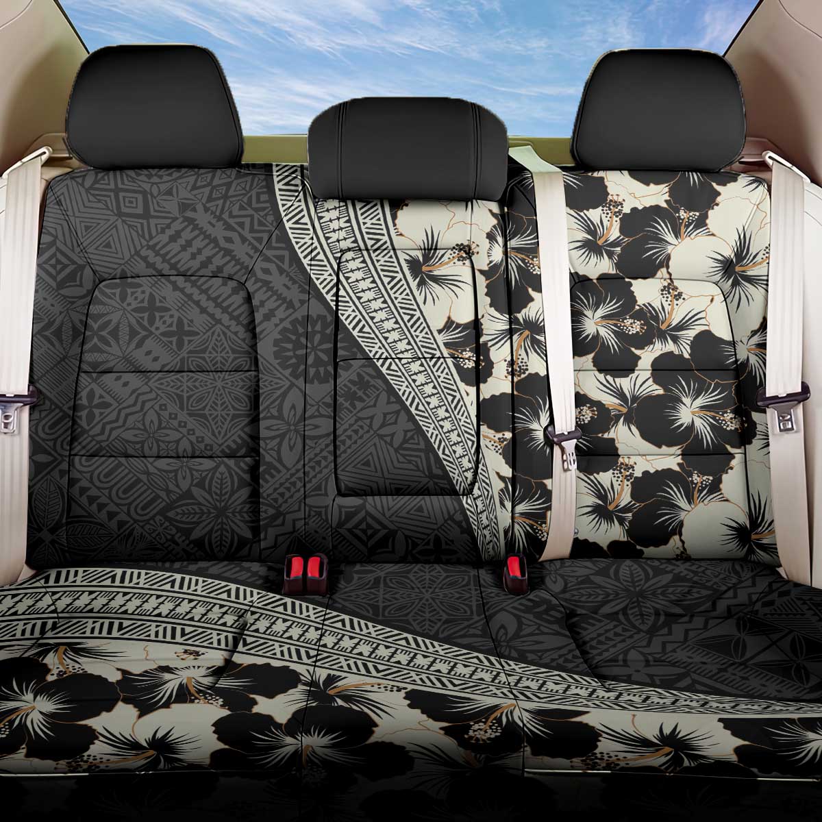 Bula Hibiscus Festival Back Car Seat Cover Tapa Pattern Half Style