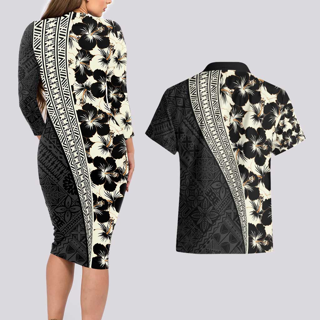 Bula Hibiscus Festival Couples Matching Long Sleeve Bodycon Dress and Hawaiian Shirt Tapa Pattern Half Style LT03 - Polynesian Pride