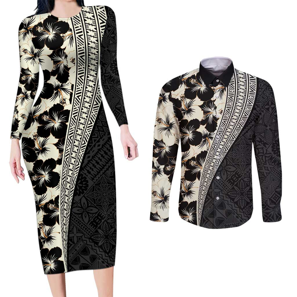 Bula Hibiscus Festival Couples Matching Long Sleeve Bodycon Dress and Long Sleeve Button Shirt Tapa Pattern Half Style LT03 Beige - Polynesian Pride