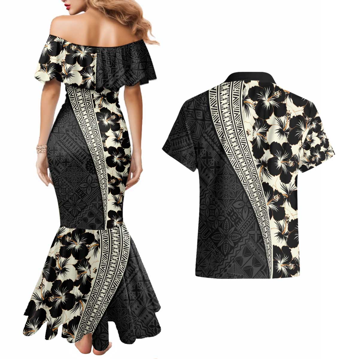 Bula Hibiscus Festival Couples Matching Mermaid Dress and Hawaiian Shirt Tapa Pattern Half Style LT03 - Polynesian Pride