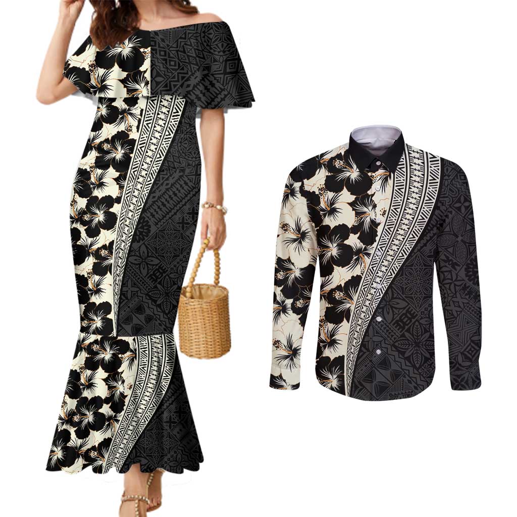 Bula Hibiscus Festival Couples Matching Mermaid Dress and Long Sleeve Button Shirt Tapa Pattern Half Style LT03 Beige - Polynesian Pride