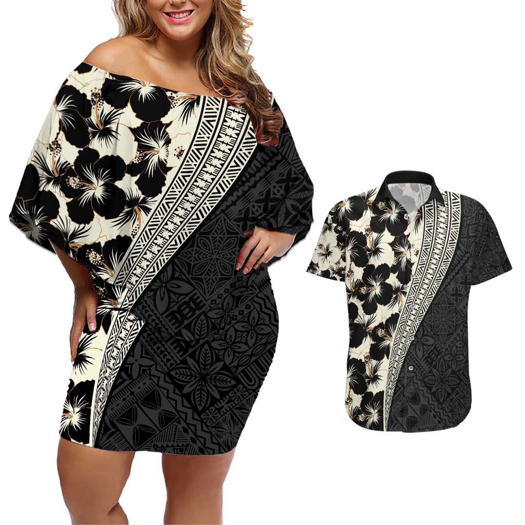 Bula Hibiscus Festival Couples Matching Off Shoulder Short Dress and Hawaiian Shirt Tapa Pattern Half Style LT03 Beige - Polynesian Pride