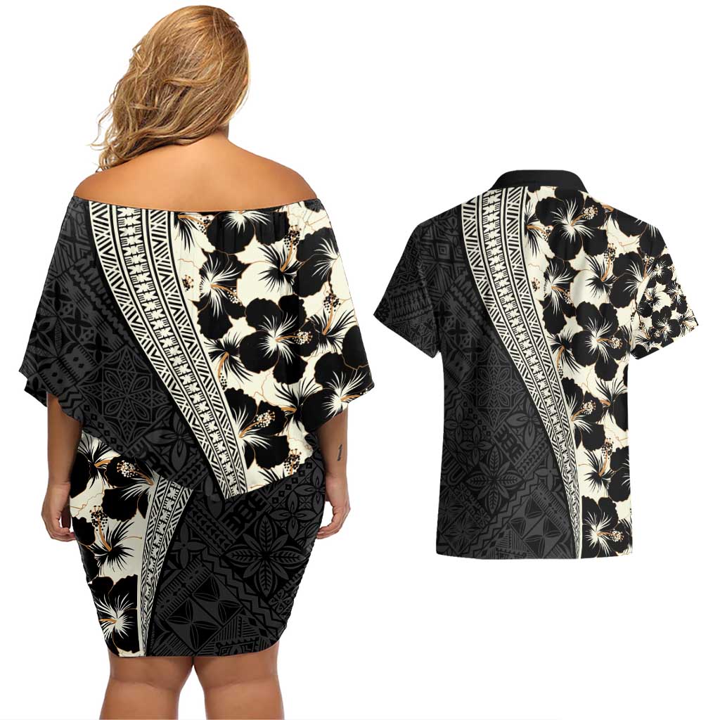 Bula Hibiscus Festival Couples Matching Off Shoulder Short Dress and Hawaiian Shirt Tapa Pattern Half Style