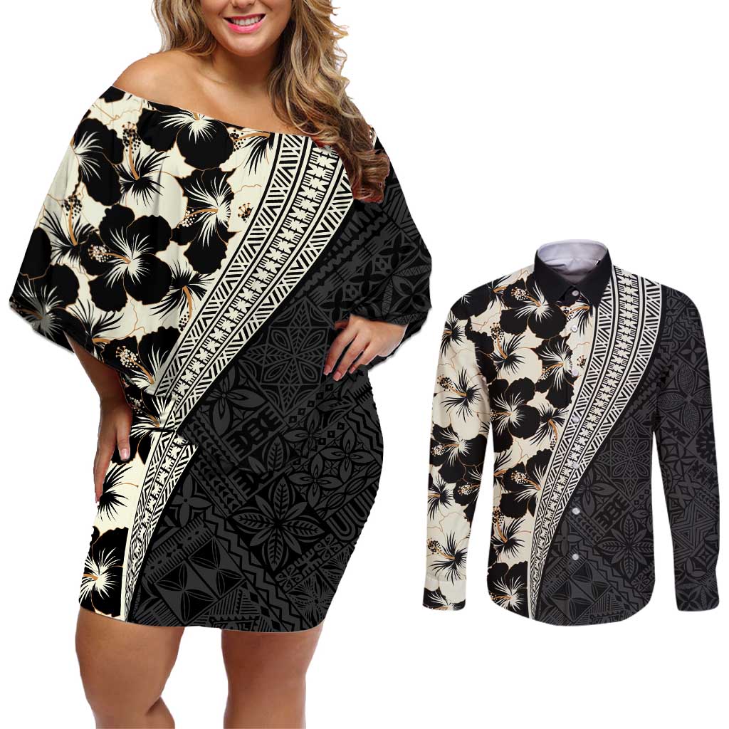 Bula Hibiscus Festival Couples Matching Off Shoulder Short Dress and Long Sleeve Button Shirt Tapa Pattern Half Style LT03 Beige - Polynesian Pride