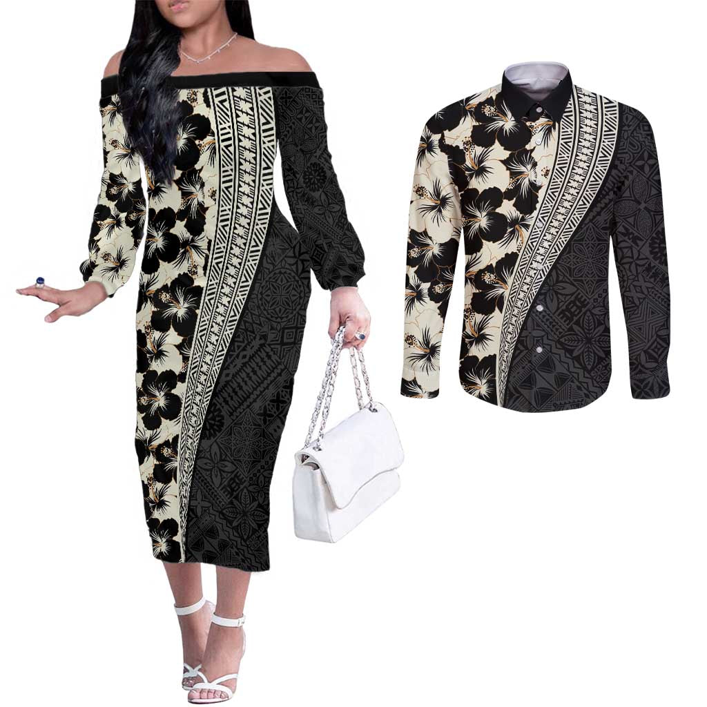 Bula Hibiscus Festival Couples Matching Off The Shoulder Long Sleeve Dress and Long Sleeve Button Shirt Tapa Pattern Half Style LT03 Beige - Polynesian Pride