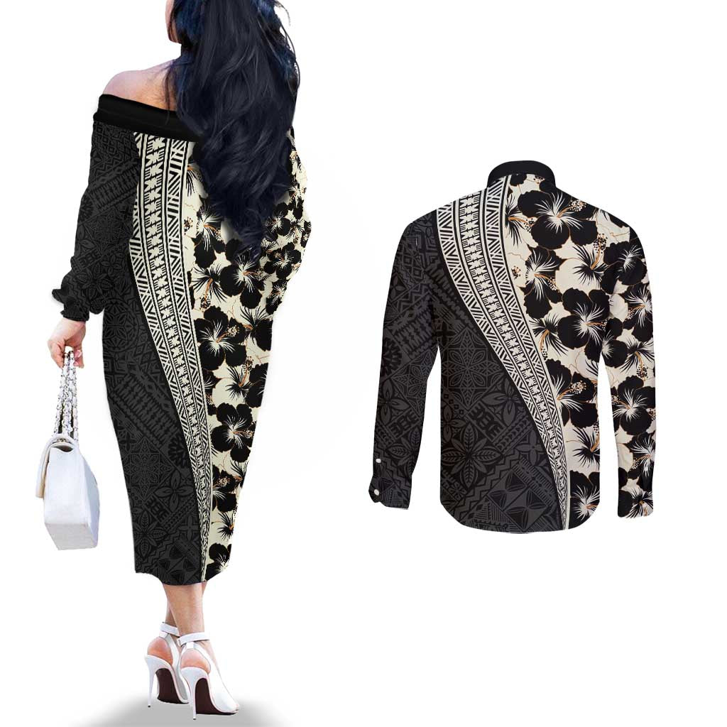 Bula Hibiscus Festival Couples Matching Off The Shoulder Long Sleeve Dress and Long Sleeve Button Shirt Tapa Pattern Half Style LT03 - Polynesian Pride
