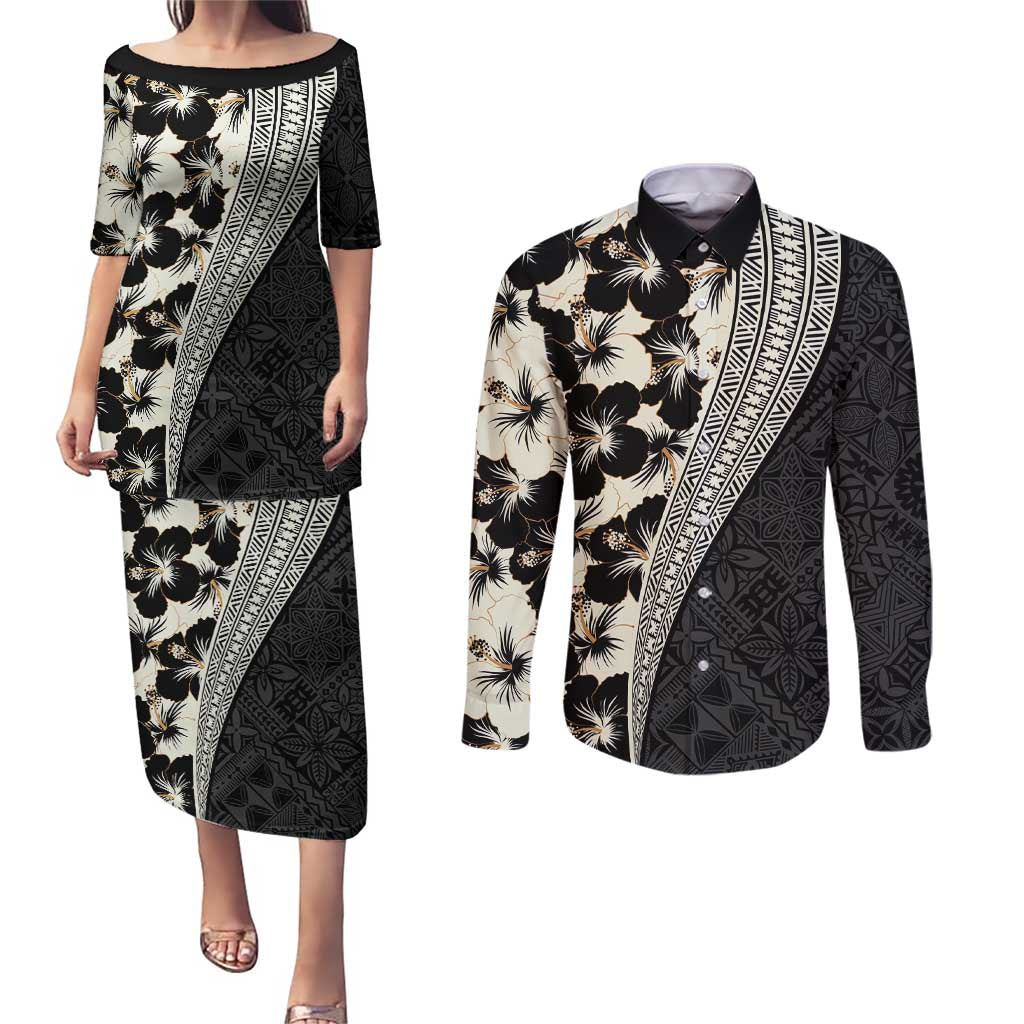 Bula Hibiscus Festival Couples Matching Puletasi and Long Sleeve Button Shirt Tapa Pattern Half Style LT03 Beige - Polynesian Pride