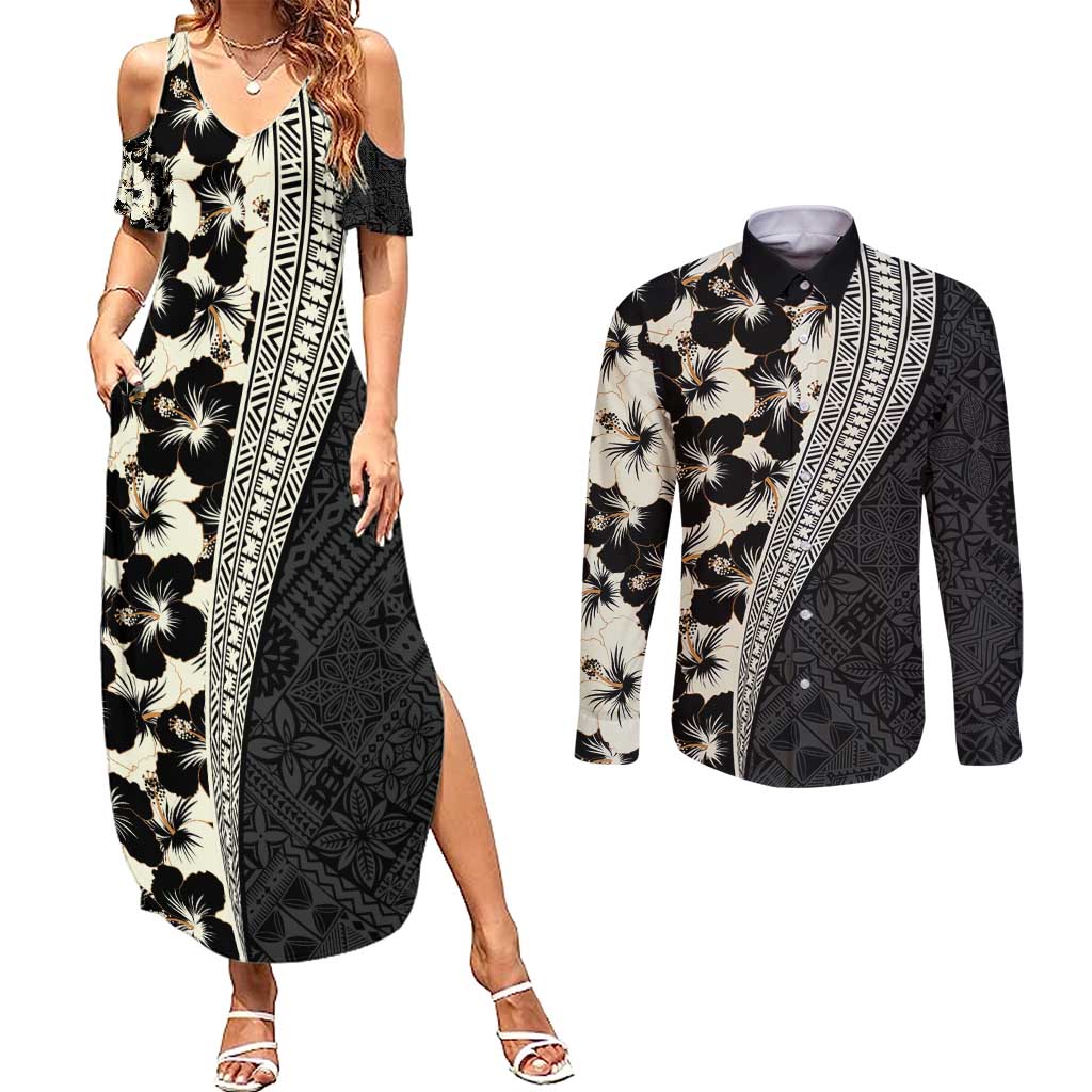 Bula Hibiscus Festival Couples Matching Summer Maxi Dress and Long Sleeve Button Shirt Tapa Pattern Half Style LT03 Beige - Polynesian Pride