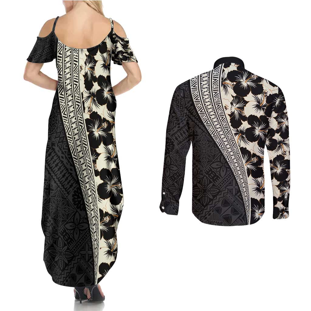 Bula Hibiscus Festival Couples Matching Summer Maxi Dress and Long Sleeve Button Shirt Tapa Pattern Half Style