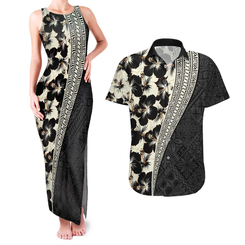 Bula Hibiscus Festival Couples Matching Tank Maxi Dress and Hawaiian Shirt Tapa Pattern Half Style LT03 Beige - Polynesian Pride