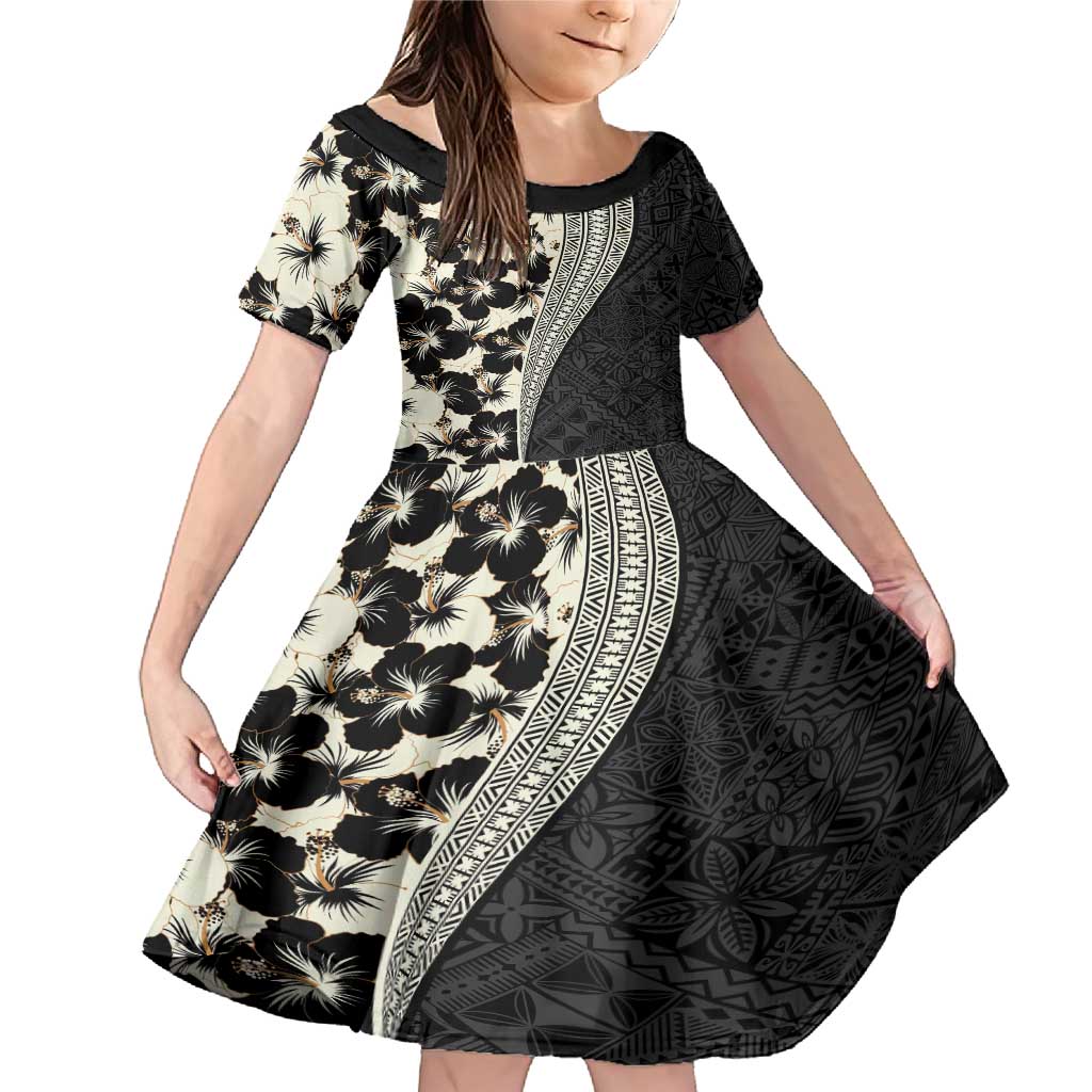 Bula Hibiscus Festival Family Matching Mermaid Dress and Hawaiian Shirt Tapa Pattern Half Style LT03 Daughter's Dress Beige - Polynesian Pride