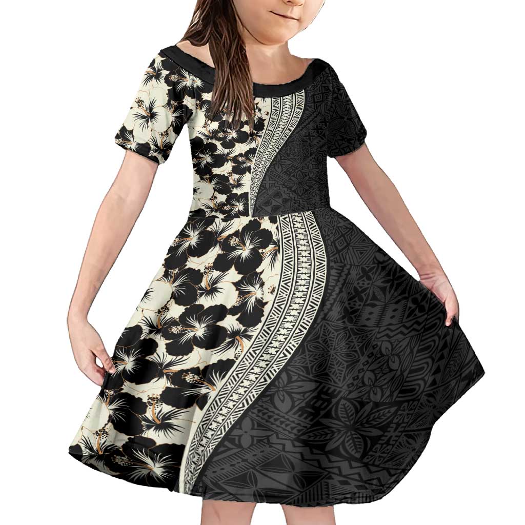 Bula Hibiscus Festival Family Matching Off Shoulder Maxi Dress and Hawaiian Shirt Tapa Pattern Half Style LT03 Daughter's Dress Beige - Polynesian Pride