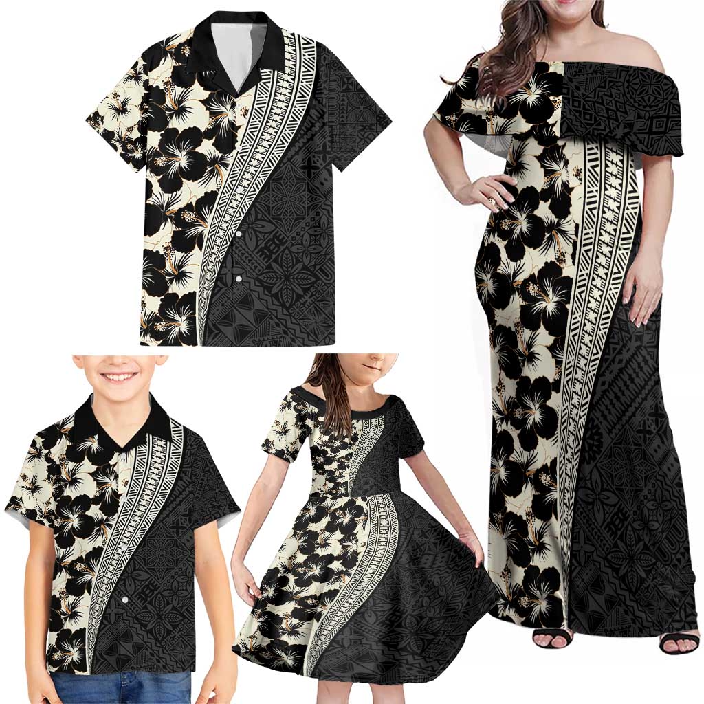 Bula Hibiscus Festival Family Matching Off Shoulder Maxi Dress and Hawaiian Shirt Tapa Pattern Half Style LT03 - Polynesian Pride
