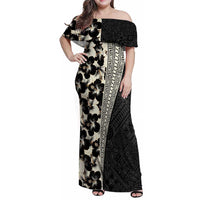 Bula Hibiscus Festival Family Matching Off Shoulder Maxi Dress and Hawaiian Shirt Tapa Pattern Half Style LT03 Mom's Dress Beige - Polynesian Pride