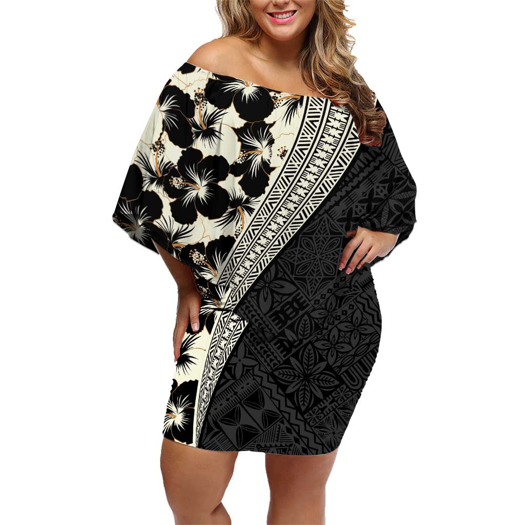Bula Hibiscus Festival Family Matching Off Shoulder Short Dress and Hawaiian Shirt Tapa Pattern Half Style LT03 Mom's Dress Beige - Polynesian Pride